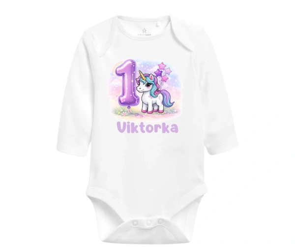 Kojenecké narozeninové body s jednorožcem a jménem – první narozeniny 1