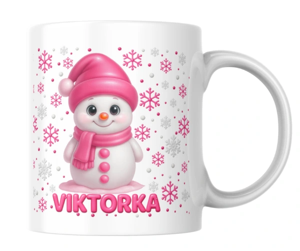 Hrneček se jménem – růžový sněhuláček | Vánoční hrnek pro holčičky