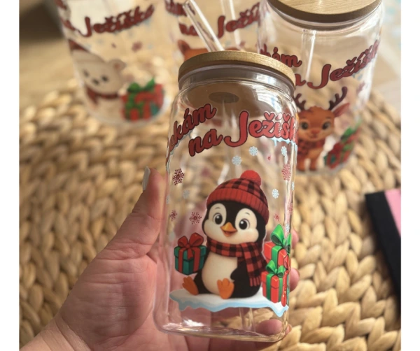 Vánoční sklenička Čekám na Ježíška – tučňák