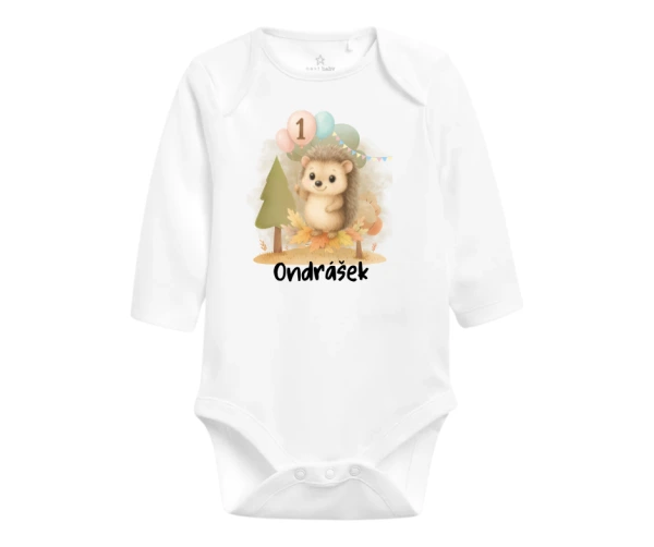 Kojenecké narozeninové body s ježečkem a balónky – první narozeniny 1