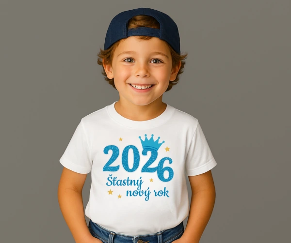 Dětské novoroční tričko 2026 – modrá korunka pro kluky 1