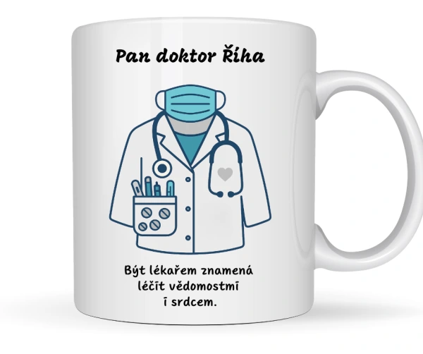 Hrnek pro lékařku / lékaře se jménem – „Léčit vědomostmi i srdcem“