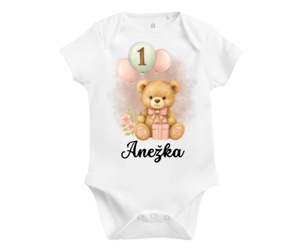 Kojenecké narozeninové body s medvídkem a balónky – první narozeniny