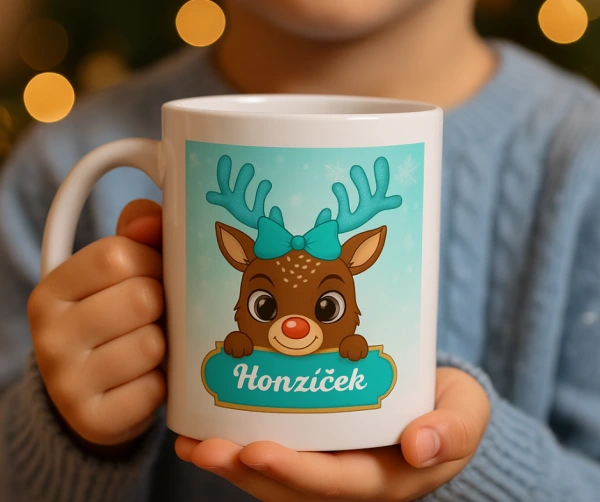 Vánoční hrnek se sobíkem – tyrkysový (jméno na přání)