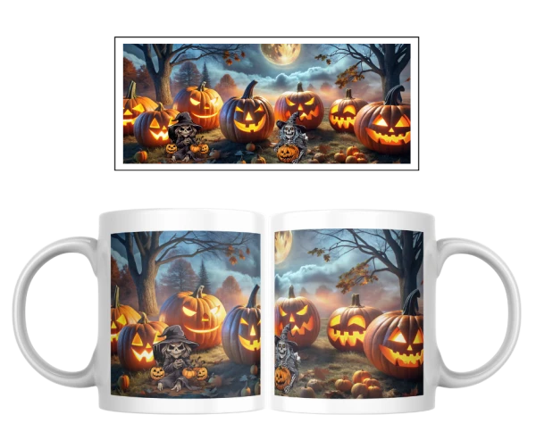 Halloween hrnek – Dýně a strašák v klobouku