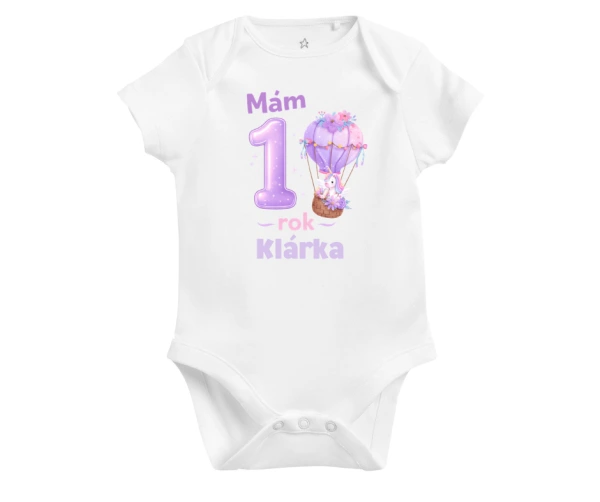 Narozeninové body „Mám 1 rok“ s jednorožcem v balónu