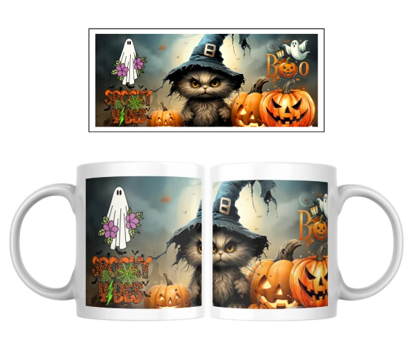 Halloween hrnek – Kočka v klobouku a duchové