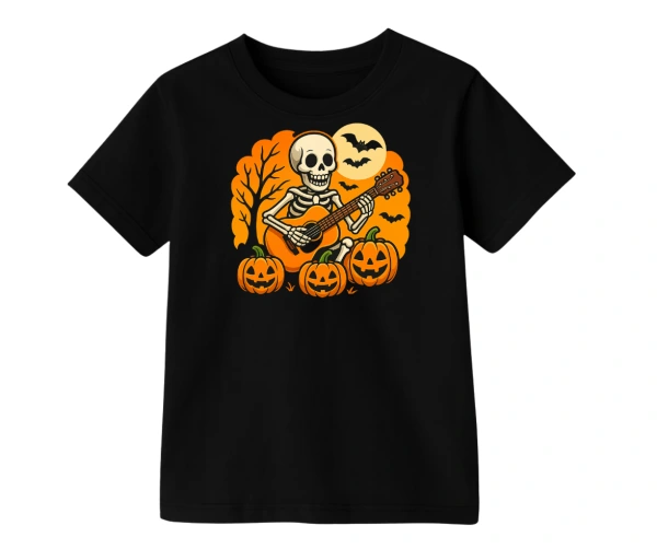 Tričko Halloween – kostlivec s kytarou a dýněmi