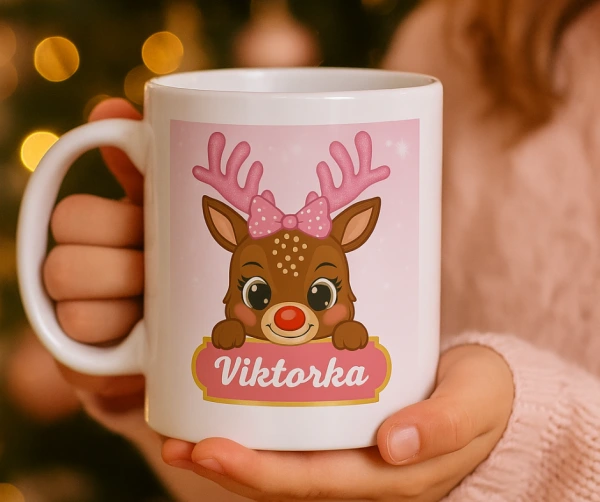 Vánoční hrnek se sobíkem – růžový (jméno na přání)