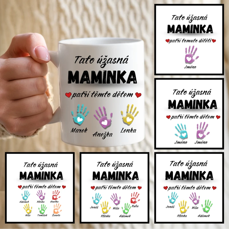 Hrneček pro maminku s otisky ručiček – výběr barev a počet dětí na přání