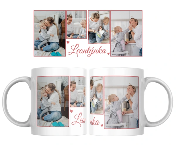 Hrnek s koláží fotek a jménem - modrý a růžový rámeček 1