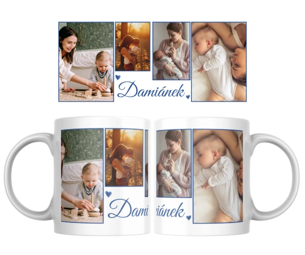 Hrnek s koláží fotek a jménem - modrý a růžový rámeček