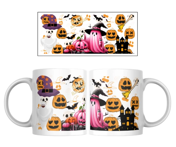 Halloween hrnek – Růžový duch a emotikonové dýně