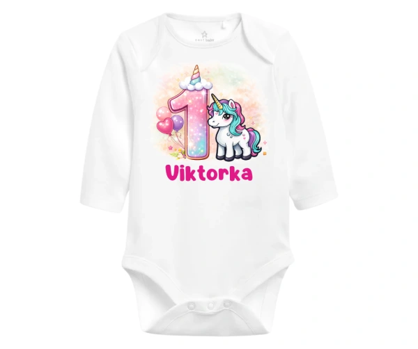 Body na 1. narozeniny – růžová jednička a jednorožec se jménem 1
