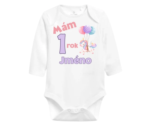 Body k 1. narozeninám – jednorožec s balónky a jménem 1
