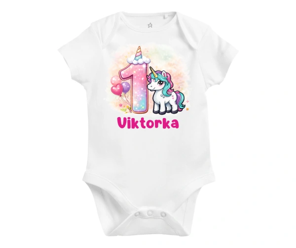 Body na 1. narozeniny – růžová jednička a jednorožec se jménem