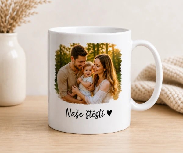 Bílý hrnek s vlastní fotkou a textem na přání
