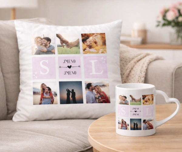 Romantický set s vlastními fotkami a jmény – polštářek a hrnek s ouškem ve tvaru srdce 1