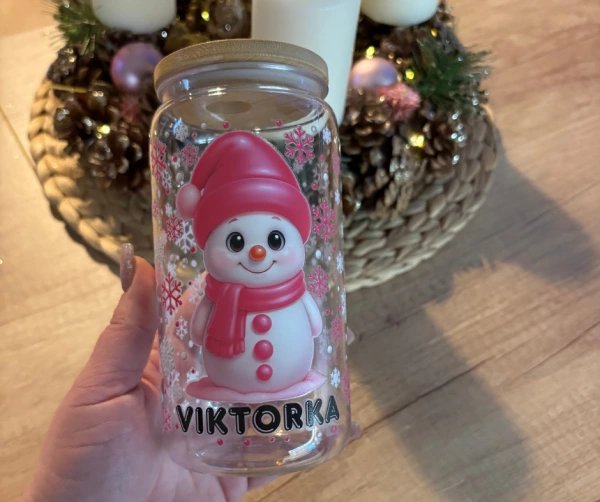 Zimní sklenička se sněhuláčkem a jménem na přání