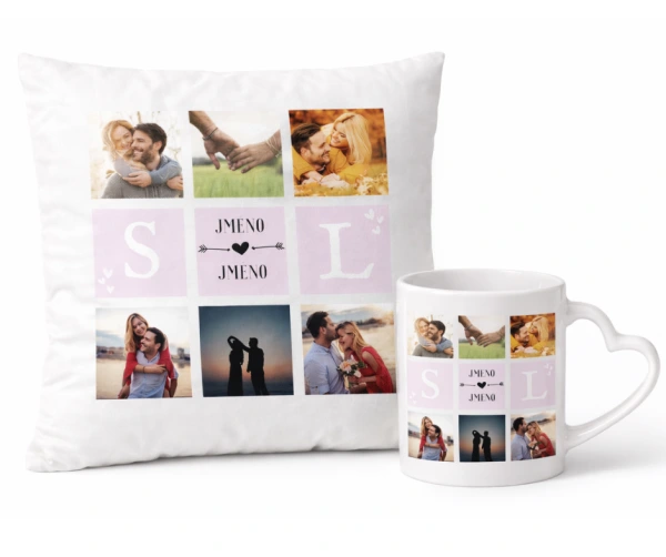 Romantický set s vlastními fotkami a jmény – polštářek a hrnek s ouškem ve tvaru srdce