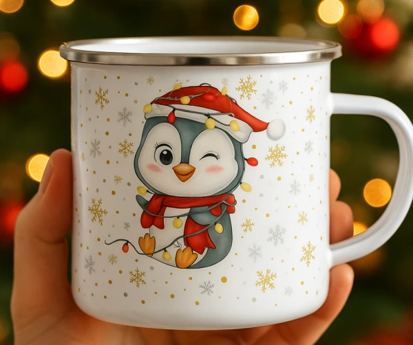 Vánoční plecháček s tučňákem – roztomilý zimní motiv