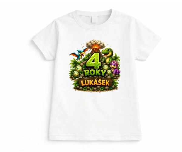 Narozeninové tričko s dinosaury | Se jménem a věkem dítěte - bílá 2
