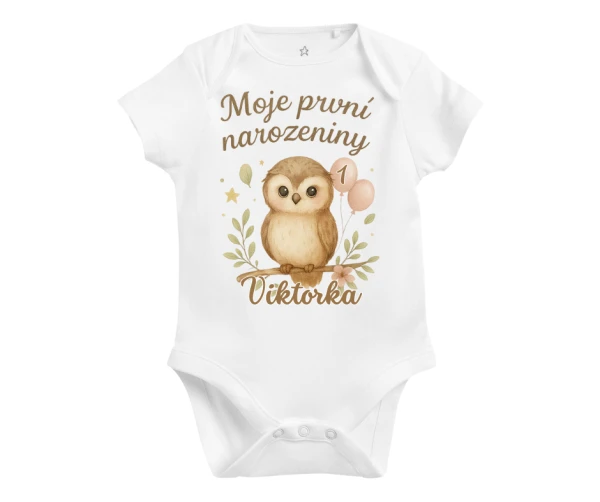 Kojenecké narozeninové body se sovičkou a balónky – moje první narozeniny