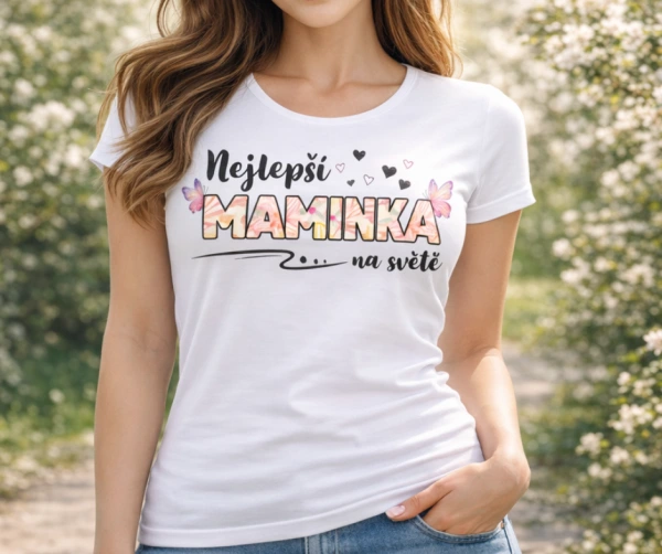 Bílé tričko „Nejlepší maminka na světě“ s jemnými květinami 1