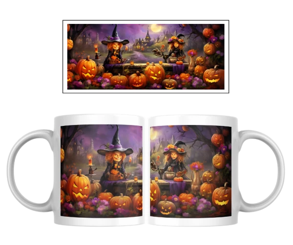 Halloween hrnek – Kouzelnice mezi dýněmi