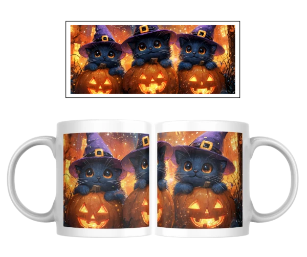 Halloween hrnek – čarodějné kočičky a dýně